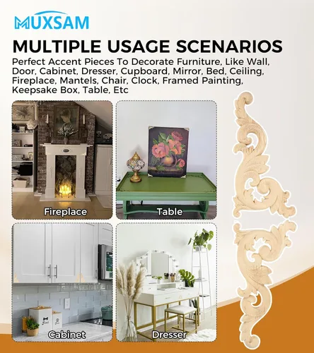 Miniatura 7 de MUXSAM Apliques tallados en madera, 1 par de pequeñas tallas de madera sin pintar, placas decorativas de esquina para espejos, paredes, puertas