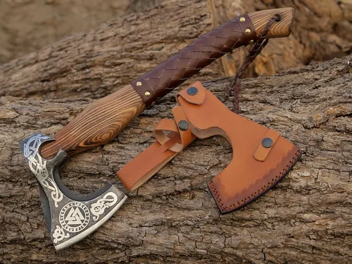 Miniatura 5 de ANCILLA Hacha vikinga de 16 pulgadas para camping, hecha de hoja de acero al carbono forjada a mano y mango de palisandro, el hacha viene con funda