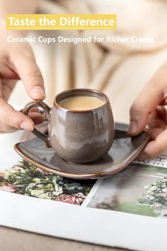 Miniatura 6 de LYEOBOH Juego de 6 tazas de café expreso de 3 onzas con platillos, tazas de café pequeñas de cerámica con soporte y cucharas, lindas tazas demitasse