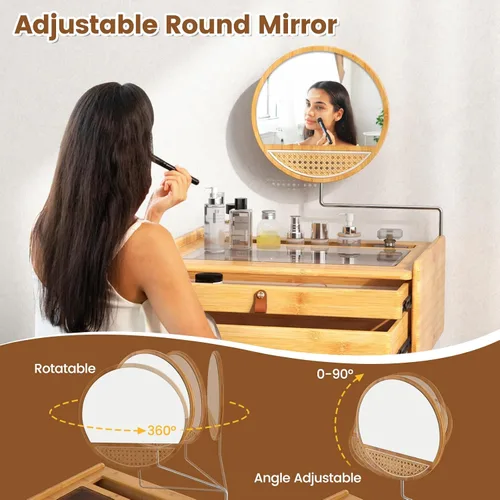 Miniatura 5 de CHARMAID Mesa de tocador de maquillaje, escritorio de bambú que ahorra espacio con espejo giratorio, 2 cajones, espacio de almacenamiento profundo