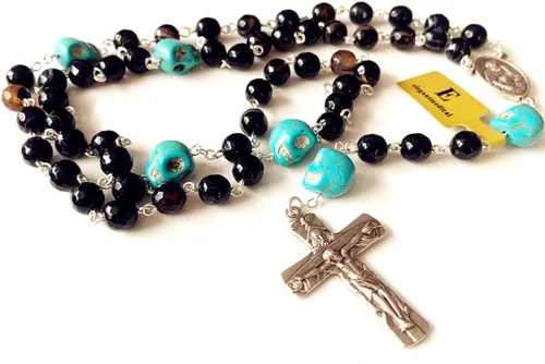 Miniatura 5 de elegantmedical Collar de regalo católico hecho a mano con cuentas de calaveras y ágata negra, rosario, cruz, crucifijo católico, regalo para hombre