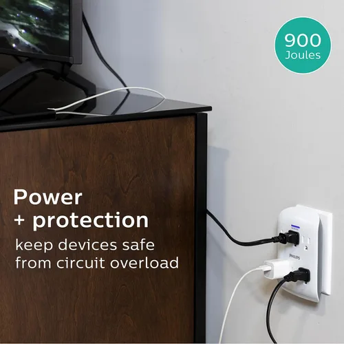 Miniatura 5 de Philips 6 enchufes extensores con protector contra sobretensiones, paquete de 2, toma de pared, 900 julios, 3 puntas, diseño que ahorra espacio, luz