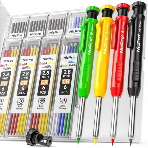 Miniatura 8 de Nicpro Lápiz de carpintero con sacapuntas, juego de lápices mecánicos con 26 recambios, marcador de agujeros profundos para construcción, Negro