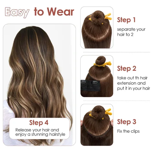 Miniatura 6 de Benehair Extensiones de cabello humano real de una pieza con clip, 3/4, cabeza completa, en forma de V, trama más gruesa, malla de encaje, Negro