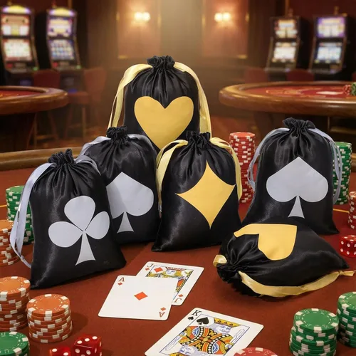 Miniatura 6 de SilTriangle 24 bolsas de regalo de fiesta de casino, decoraciones de fiesta temática de casino con cordón de Las Vegas, bolsas de póquer de satén