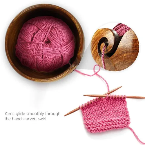 Miniatura 16 de Joyeee Cuenco de almacenamiento de hilo de madera hecho a mano, 6 pulgadas con agujeros tallados y perforados, regalo para entusiastas de tejer