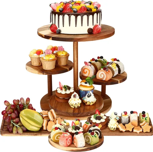 Hushee Juego de 4 soportes redondos de madera para cupcakes con bandejas para servir, bandeja de madera de 4 niveles para pasteles con 1 plato