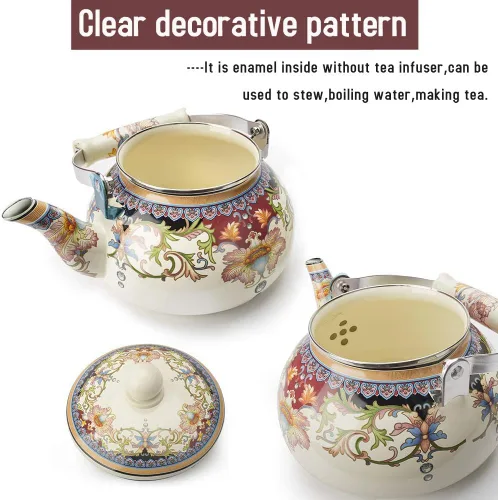 Miniatura 3 de Tetera de Esmalte Cerámico Floral Tetera para Estufa, Tetera Grande de Porcelana Esmaltada (blanco) (2.4L, blanco2)
