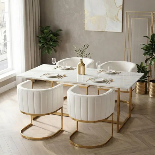 Miniatura 3 de Hyfirm Juego de 2 sillas de comedor de barril beige y dorado, modernas sillas tapizadas de terciopelo con respaldo curvado para isla de cocina