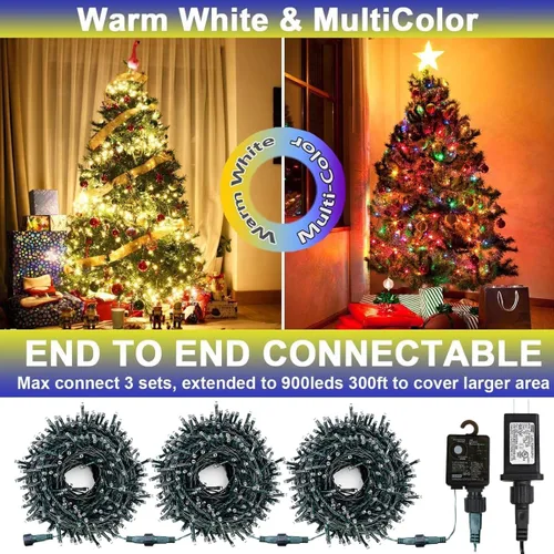 Miniatura 5 de XUNXMAS Luces de Navidad con 300 luces LED de 108 pies que cambian de color con blanco cálido y multicolor, 11 modos, impermeable, conectable, tira