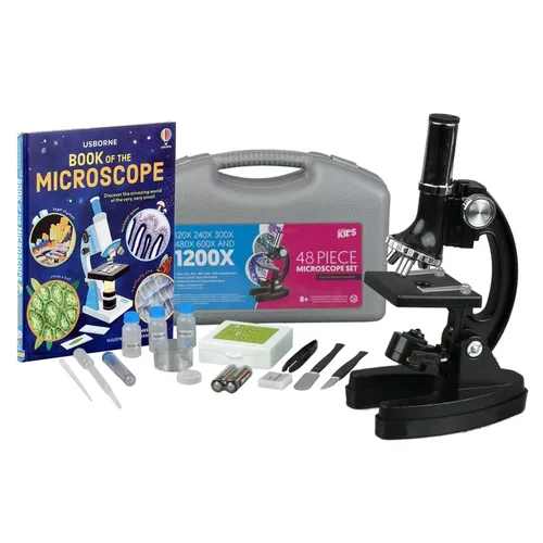 AmScope M30-ABS-KT1-WM 120X-240X-300X-480X-600X-1200X Kit educativo de microscopio compuesto para niños con brazo metálico + libro