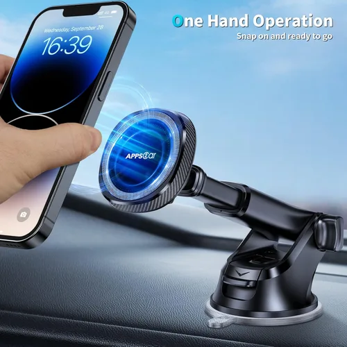 Miniatura 8 de APPS2Car Soporte magnético para teléfono MagSafe para iPhone, soporte magnético para salpicadero de parabrisas con brazo telescópico y ventosa