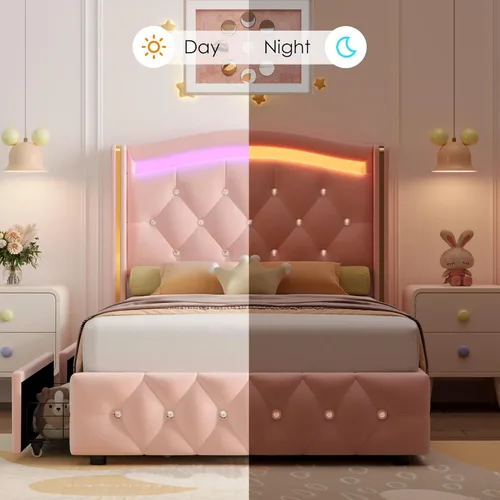 Miniatura 6 de Hifit Base de cama LED, tamaño individual, cabecera capitoné con botones de cristal, 4 cajones, moderna, piel sintética, de princesa, para niñas,