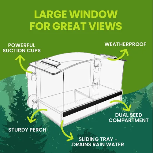 Miniatura 5 de Nature Gear Comedero de pájaros acrílico transparente con ventosas fuertes, bandeja deslizante extraíble para semillas, resistente a la intemperie