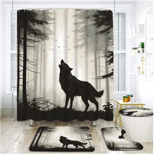 Juego de 4 cortinas de ducha con silueta de lobo con alfombras, cubierta de tapa de inodoro, lobo del bosque, blanco y negro, aullando animal, luna