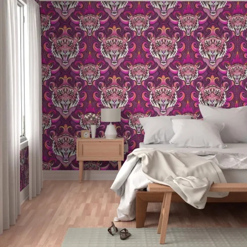Miniatura 5 de Spoonflower Muestro de papel tapiz extraíble - Pink Tigers Purple Orange Maximalist XL Jungle - Papel pintado prepegado personalizado