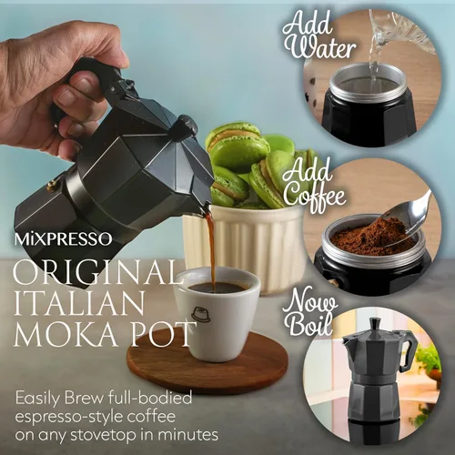 Miniatura 4 de Mixpresso Cafetera Moka Cubana Negra de 3 Tazas, Cafetera Moka para Gas, Estufa Eléctrica, Cafetera Italiana Clásica, Cafetera Espresso para Estufa