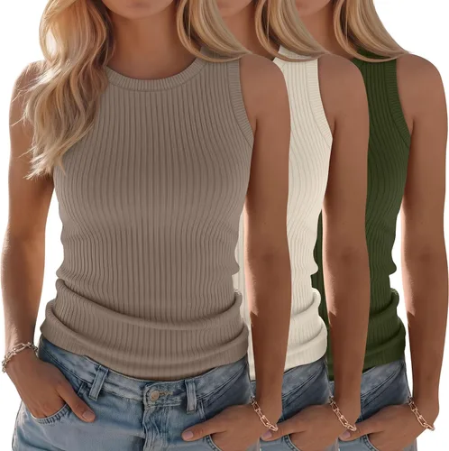 Paquete de 3 camisetas sin mangas de algodón para mujer, de punto acanalado, casuales, básicas, de cuello redondo, ajustadas, de verano, con espalda