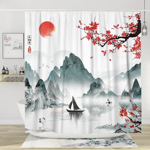 Miniatura 7 de Cortina de ducha japonesa Fuji Mountain de cerezo asiático, cortina de ducha con diseño de anime, decoración de baño, tela de poliéster, 62 x 72 Azul