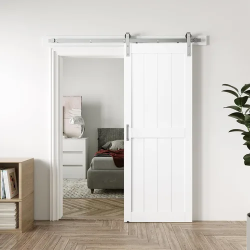 Miniatura 23 de Puerta corrediza de granero MDF de 30 x 80 pulgadas con kit de herrajes para puerta de granero de 5 pies, losa para puerta de granero con superficie