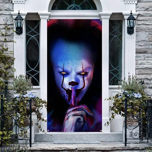 Miniatura 4 de Cartel de Halloween de payaso de Joker para decoración de puerta, telón de fondo de película de terror de truco o trato, asesino de personajes