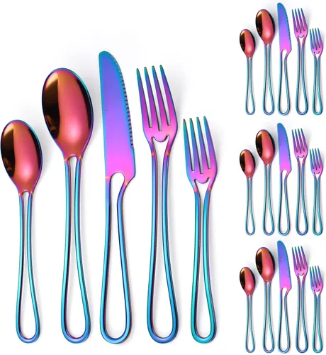 Miniatura 21 de Modern Silverware - Juego de cubiertos martillados de acero inoxidable de 20 piezas para 4 personas, incluye tenedores, cucharas, cuchillos, plateado