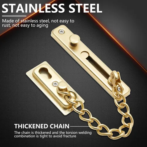 Miniatura 4 de Bonsicoky Paquete de 2 cerraduras de cadena de puerta con resorte, protector de cadena de seguridad de acero inoxidable, cerradura de prensa Oro