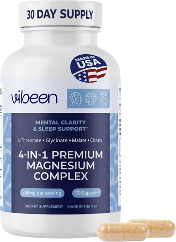 Magnesio 4 en 1 para apoyo al sueño, L-treonato, glicinato, malato y citrato, 240 mg, suplemento de complejo de magnesio quelado (60 cápsulas)