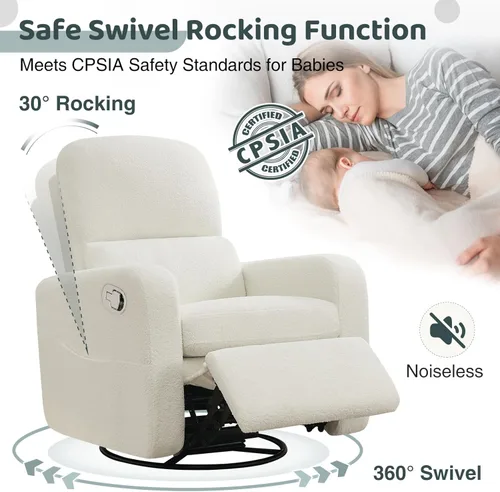 Miniatura 3 de Sillón Mecedor Reclinable Giratorio, Sillón Glider Reclinable de Boucle Extra Grande para Guardería, Sillas Reclinables con Balanceo Manual y Apoyo