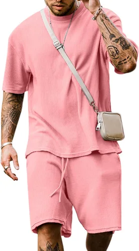 Babioboa Conjunto de camiseta y pantalones cortos de manga corta para hombre, 2 bolsillos, de gran tamaño, de dos piezas, casual, uso diario