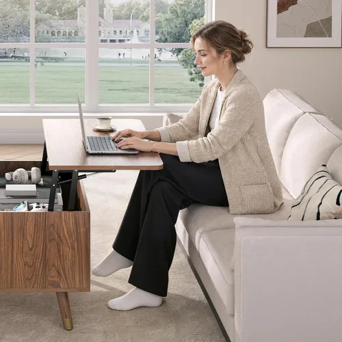 Miniatura 3 de JOINICE - Mesa auxiliar cuadrada con tapa elevable para sala estar u oficina en casa, con almacenamiento, compartimento oculto, estilo moderno Nogal