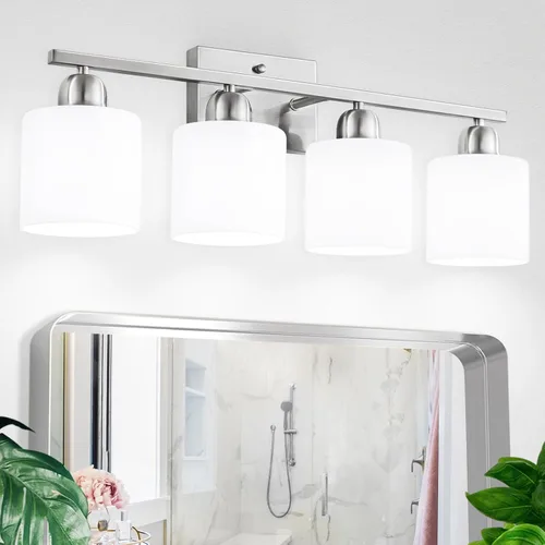 Miniatura 18 de Luz de baño de níquel cepillado, Luz de tocador de baño de 2 luces de níquel cepillado, Lámpara de tocador con pantallas de vidrio esmerilado blanco