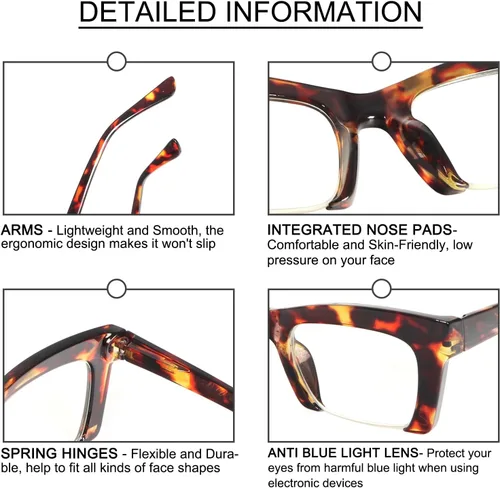 Miniatura 3 de MMOWW Paquete de 3 lentes de lectura estilo Oprah para mujer, elegante medio marco con bloqueo de luz azul, bisagras de resorte