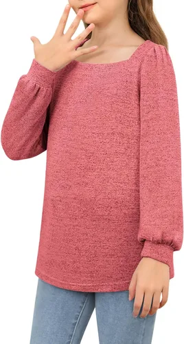 Miniatura 4 de BZB Camisas de manga larga para niñas, estilo casual, cuello cuadrado, túnica para otoño e invierno, ropa de 5 a 14 años