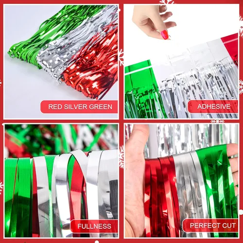 Miniatura 5 de LOLStar Paquete de 3 cortinas de oropel con flecos para fiesta de Navidad de 3.3X6.6 pies cada una, cortinas de fiesta rojas, plateadas y verdes