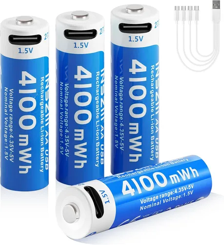 Paquete de 4 pilas AA de litio recargables de 4100 mWh, baterías de iones de litio de 1.5 V USB doble A, tamaño AA, larga duración, 1200 ciclos,