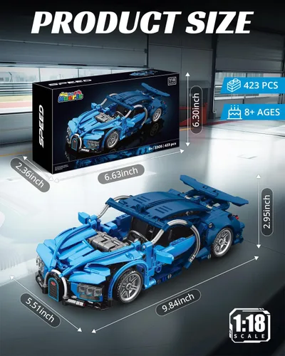 Miniatura 2 de Nueris 1:18 Technic Super Sports Cars Model Sets - 423 PCS Bloques de Construcción de Automóvil MOC Azul Juguetes de Ingeniería de Carreras - Idea