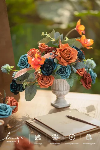 Miniatura 4 de Ling's moment Flores artificiales, 25 rosas turquesas decorativas con tallos, 3 pulgadas de espuma floral para ramo de boda, centros de mesa, fondo