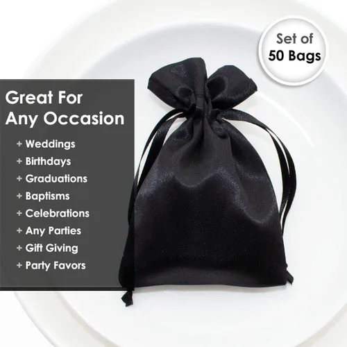 Miniatura 5 de Bolsas de regalo de satén negro de 3 x 4 pulgadas, bolsas de joyería, bolsas de cordón sedosas para regalos de boda, baby shower, Navidad, 50 por