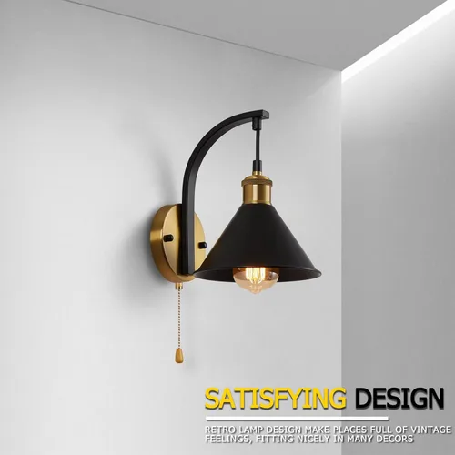 Miniatura 3 de Lightess Apliques de Pared Industriales con Interruptor de Cordón, Luz de Pared Montada Estilo Granja Negro, Accesorio de Iluminación de Pared