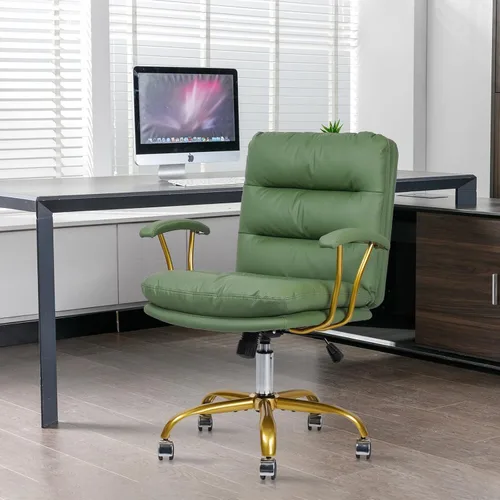 Miniatura 9 de KLASIKA Silla de escritorio de cuero para oficina en casa, silla de tocador con respaldo medio, silla de maquillaje con ruedas doradas y Verde