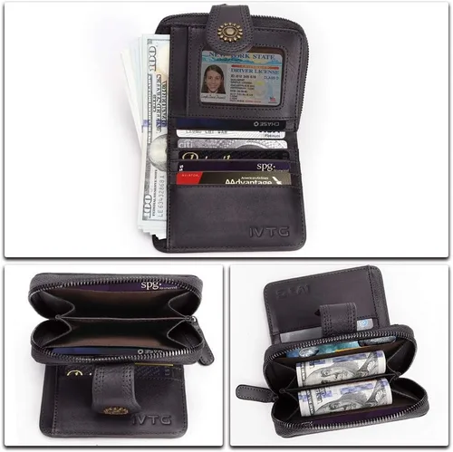 Miniatura 7 de Billeteras de cuero plegables para mujer, estilo vintage, hechas a mano, pequeño, con cremallera, Negro -, Billetera plegable