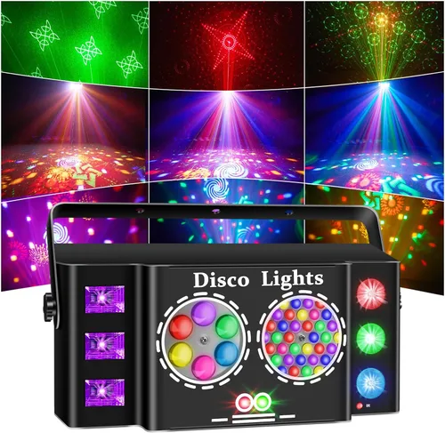 Miniatura 10 de Luces de fiesta de bola de discoteca 3 en 1, luz estroboscópica de DJ activada por sonido con 60 patrones, proyector LED alimentado por USB