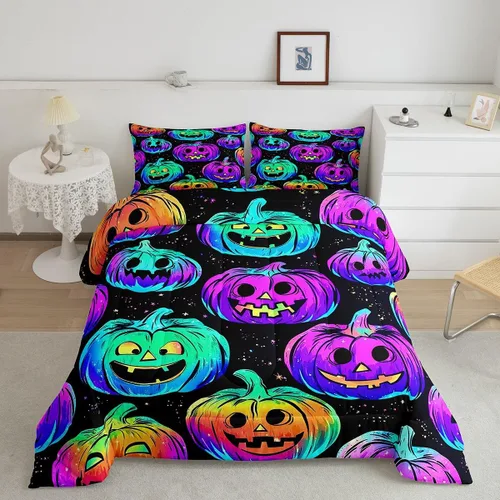 Miniatura 20 de Erosebridal Juego de ropa de cama de murciélago de Halloween, tamaño individual, juego de edredón de estrellas con purpurina y galaxia para niños