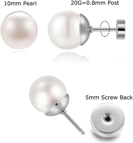 Miniatura 16 de Pearl Stud Earrings for Women,Flat Screw Back Pearl Helix Earrings Cartilage Earrings 316L Surgical Steel Piercing Jewelry Gift(7,8,9,10mm Pearl)