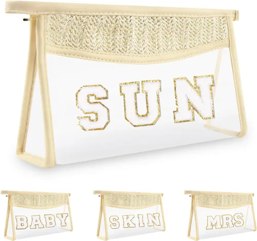 Miniatura 14 de Iqimott 2 bolsas de maquillaje con parches transparentes, bolsa de letras boho para nadar en la playa, bolsas de maquillaje impermeables
