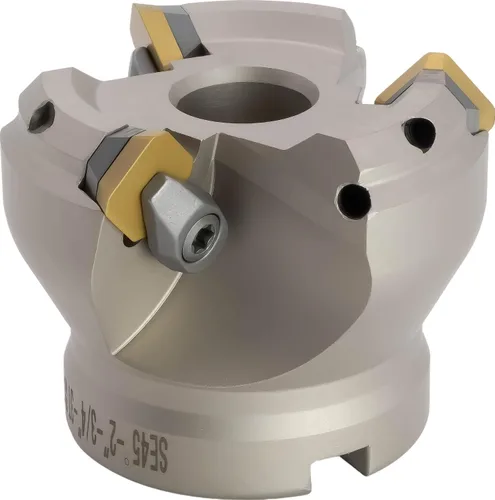 Molino de cara indexable (carcasa) de 2" 45°, diámetro del orificio del eje de 3/4", 3 flautas, con 3 piezas de inserciones de carburo SEAN42