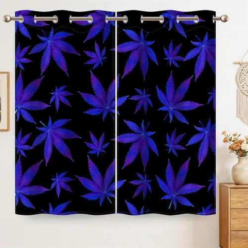 Renaiss Cortinas de ventana de hoja de arce azul y morado, hojas de hierbas, impresión de follaje de malezas, tratamientos de ventana,