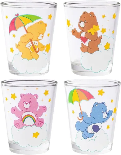 Silver Buffalo Care Bears on Clouds con Funshine, Tenderheart, Cheer and Grumpy Bear - Juego de 4 mini vasos de 1.5 onzas Osos de cuidado en las