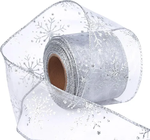 Miniatura 10 de Cinta con alambre de 2.5 pulgadas de Navidad con copo de nieve, cinta de organza con purpurina para árbol de Navidad, corona, decoración de fiesta